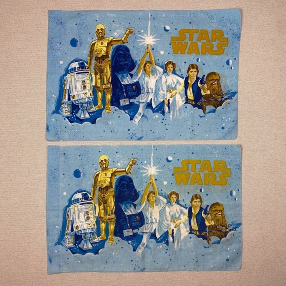 Vtg 70s BIBB Star Wars Pillowcases SET of‎ 2 Double Sided Made in USA 20x29